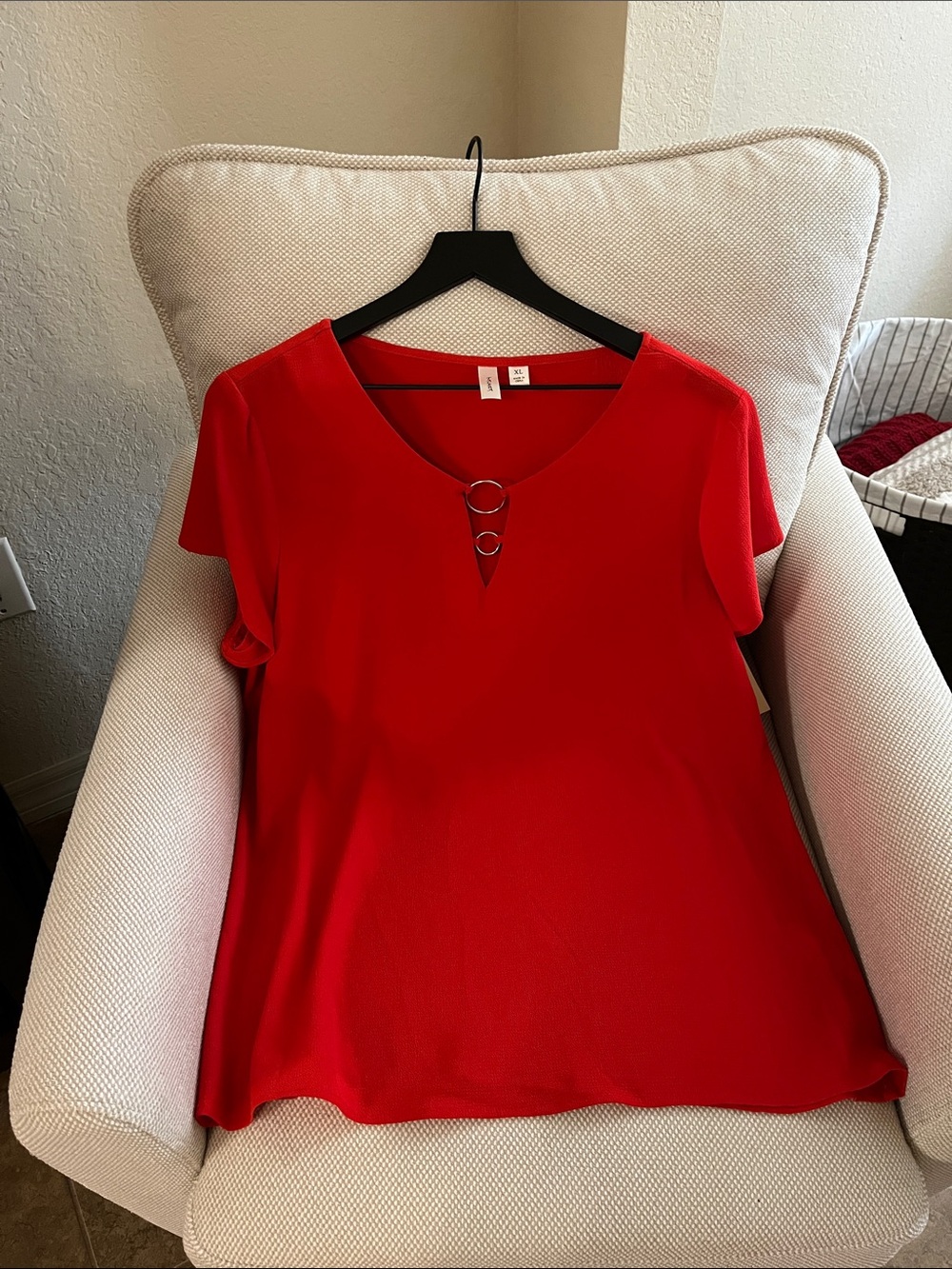 Red Short-Sleeve V-Neck Top with Ring Detail